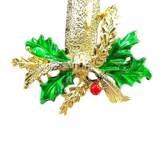 Vintage Gold Tone Candle Holly Christmas Brooch Holiday Jewelry Accessory - Picture 4 of 9